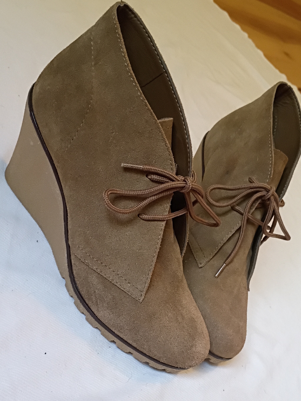 Kelsi Dagger Suede Lace-Up Wedge Booties in Taupe